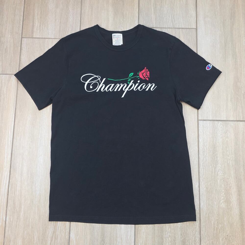 Champion Heritage Rose Script Graphic T-Shirt Black Embroidered Men's M Tee